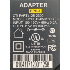 CARGADOR / ADAPTADOR DE FUENTE DE ALIMENTACION COMCAST VCA-VCD / NUMERO DE PARTE 25-300 / ENTRADA VCA 100-120V~60HZ 0.5A / SALIDA VCD 5V 1500MA / MODELO CYUS15-050150C